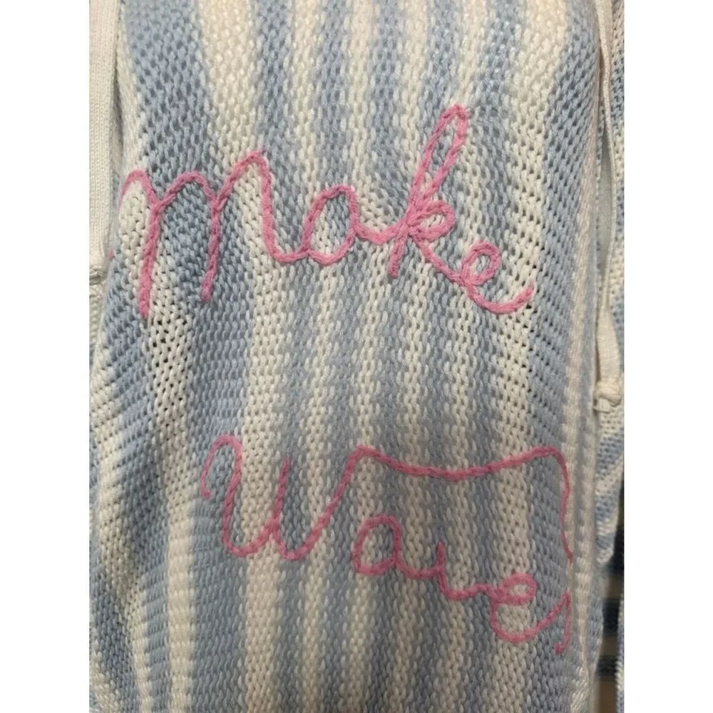 Vintage Havana Blue & White Striped Hooded Knit Sweater with Pink Script